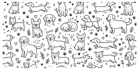 Fototapeta premium Cute hand drawn doodle pattern featuring various dog breeds including poodles and corgis in a playful arrangement that creates a charming black and white sketch style illustration for creative project