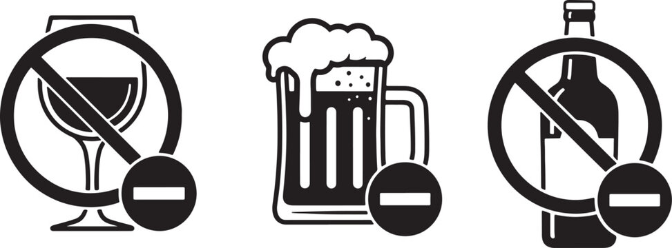 Black and white prohibition with wine glass, beer mug, and bottle also transparent background alcohol