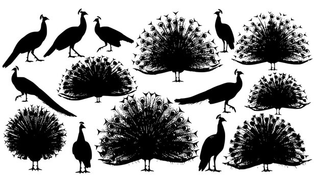 Peacock Bird and Feather Silhouette Vector Collection