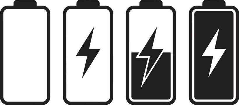 Four batteries in different charge states with lightning bolts indicating power levels also transparent background