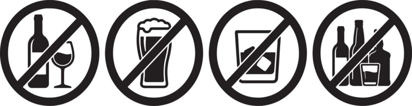 Four prohibition symbols with alcoholic beverages: wine, beer, liquor, and spirits also transparent background