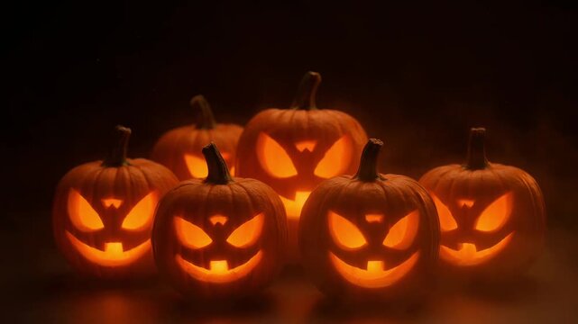 Creepy carved Halloween pumpkins glowing in dark smoky atmosphere. Cinematic jack o lantern scene with eerie faces, warm orange light, and dramatic slow motion effect.