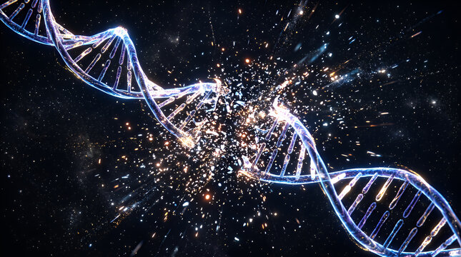 DNA structure fractures into a vibrant cloud of glowing sparks and glowing debris while floating in deep space, representing the volatile transformation of genetic information at a microscopic level.