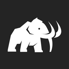 Fototapeta premium White Stylized Mammoth Vector Icon with Tusks on Dark Background - Minimalist Geometric Design