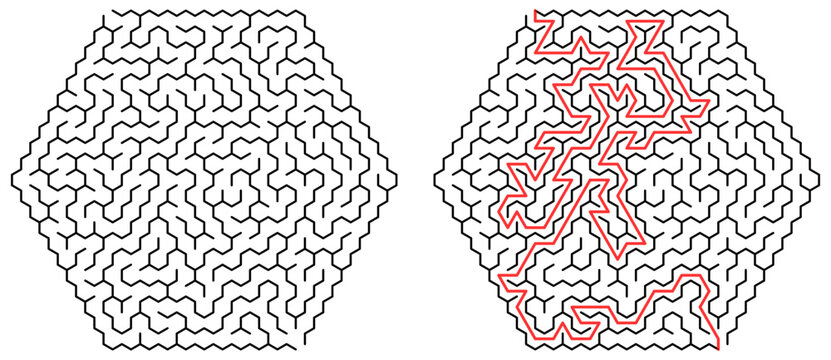 Hexagonal Maze Puzzle with Solution Route