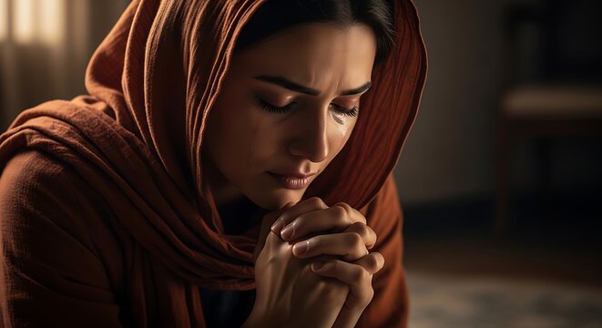 A woman in a dimly lit room with her hands clasped together in prayer or contemplation, wearing an orange headscarf