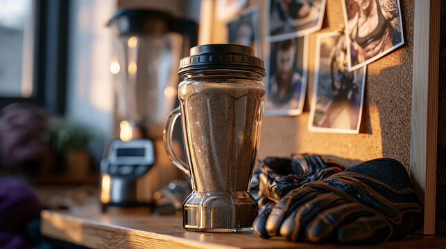 Protein shake blender, gym gloves, and progress photos clipped to a corkboard in a modest home gym corner, body recomposition training progress visualization, warm morning light, perfect for home gy