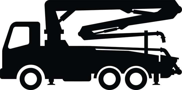 Minimalist black silhouette of a concrete pump truck for construction sites isolated on a white background, for heavy machinery