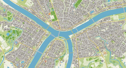 Fototapeta premium Detailed top-down urban map showcasing a bustling city's intricate layout, major river, numerous connecting bridges, and green spaces, ideal for navigation and urban planning concepts