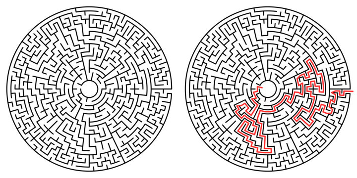 Complex Circular Maze with Solution Path
