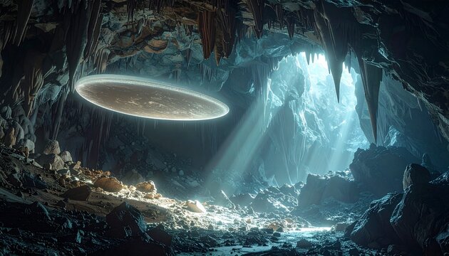 Oval cave shield speleothem with sunlight in underground cavern