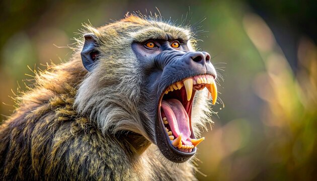 Olive baboon showing teeth in threat display close-up portrait