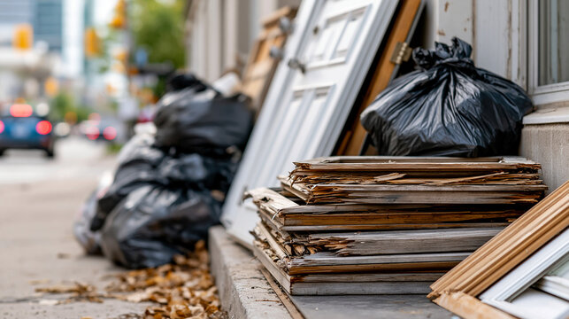 Piles of old white interior doors splintered wooden window frames and tied black garbage bags stacked against the exterior wall of a building on an urban street flat daylight