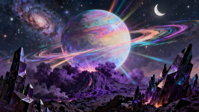 Alien planet with colorful rings and crystal structures