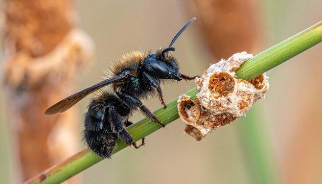 Close-up of Mason Bee Nesting in Hollow Reed Stem with Mud Plug