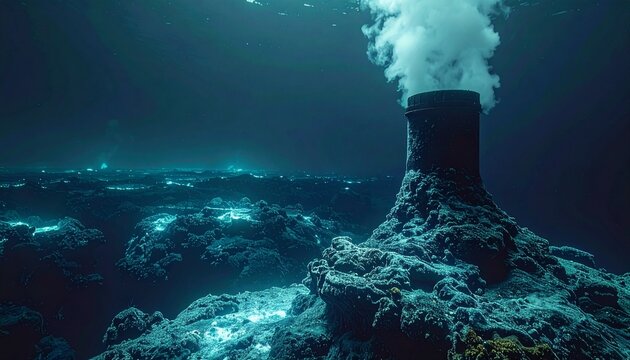 Deep sea hydrothermal vent emitting black mineral plume underwater