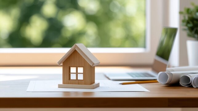 Small wooden house model on white paper next to laptop and rolled architectural plans on wooden desk in bright office with blurred natural background