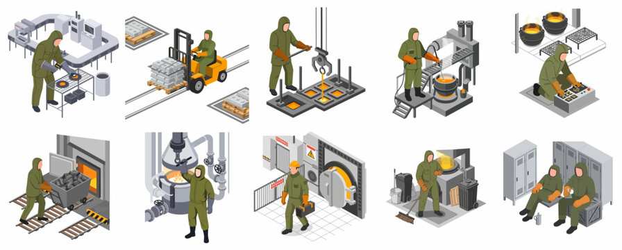 Isometric icons set of factory workers in protective gear performing various tasks in a metal smelting foundry and production line.