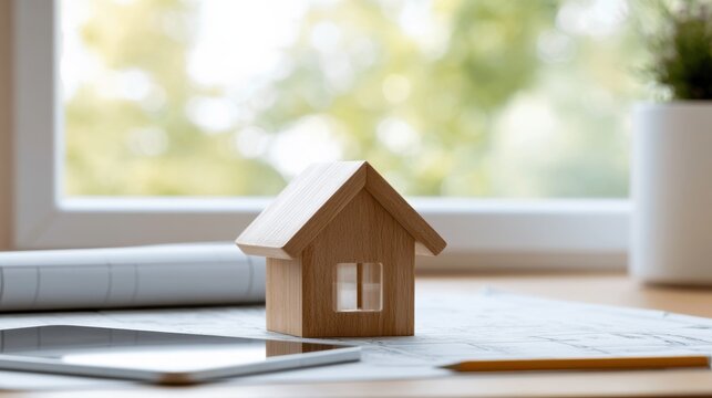 Small wooden house model placed on top of architectural floor plans with rolled blueprints on table in bright natural light near window