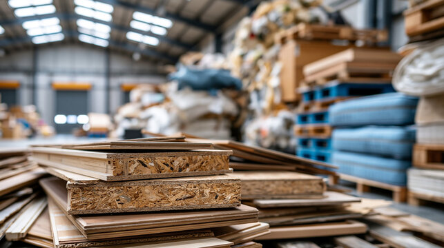 Wide interior shot of an industrial warehouse packed with towering piles of used chipboard furniture panels stacked mattresses and mixed bulky household waste in a business