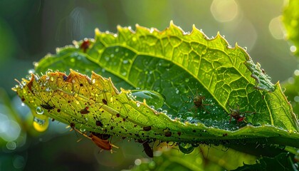 Obraz premium Close-up of sticky dew-covered butterwort leaf trapping insects