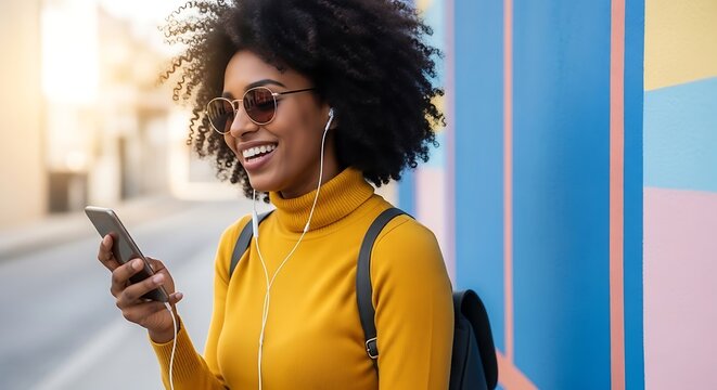 A young woman with curly hair wearing a yellow turtleneck, sunglasses, and earbuds looks at her phone while standing against a colorful wall