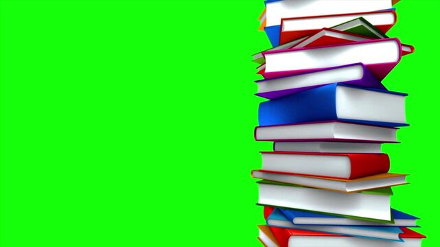 Large stack of colorful hardcover books piled high on a green screen background, 4k 3d animation for education, library, and literature concepts.