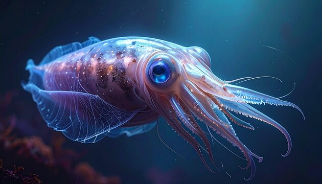 Close-up of deep-sea vampire squid with bioluminescent webbing in dark ocean