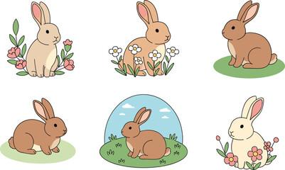 Fototapeta premium Cute Bunny Icon Set with Rabbits in Grass and Flowers, Cartoon Easter and Spring Symbols for Websites, Apps, and Digital Designs