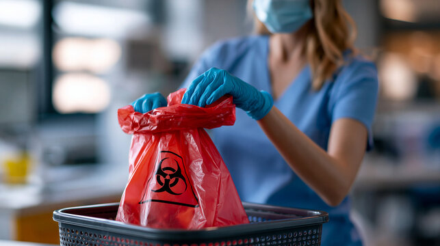 Unrecognizable nurse in surgical gloves and mask dropping a sealed red biohazard bag into a designated medical waste disposal bin in a hospital room sterile clinical environment