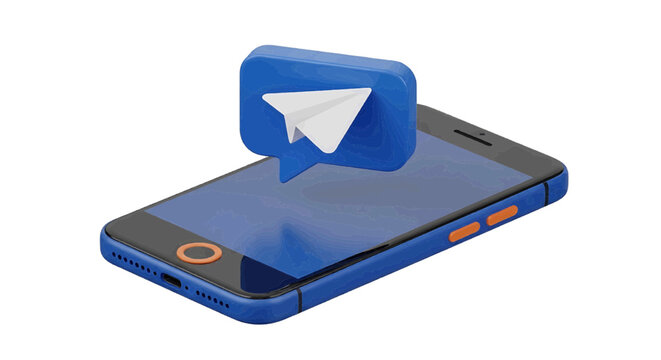 Vector illustration of 3d smartphone with telegram messaging app icon on a transparent background