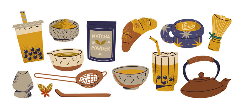 Various types of tea and coffee drinks with accessories bubble tea flat design bag hot beverage iced beverage croissant drinkware refreshment illustration background tableware