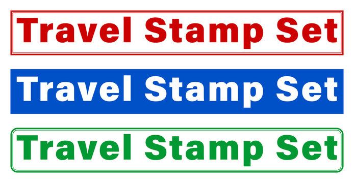 Three colorful travel stamp set banners with different background colors