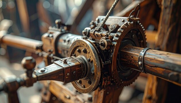Close-up of rusted medieval trebuchet sling release mechanism