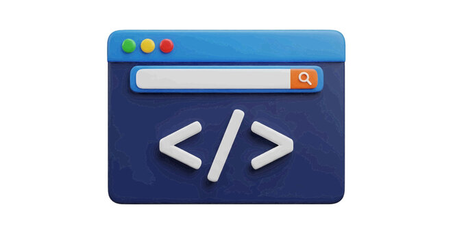 Vector illustration of 3d browser window with code tag symbol icon on a transparent background