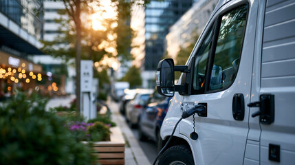 Naklejka premium Side view of a white electric delivery van plugged into a modern charging station in a clean urban environment soft daylight defocused urban street and business buildings