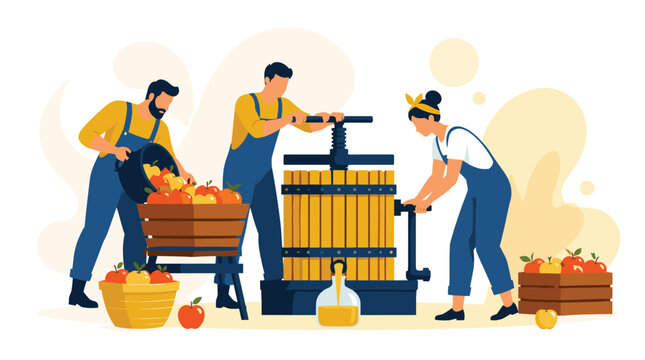 Individuals Collaborating to Press Fresh Apples into Cider with Traditional Press in Autumn