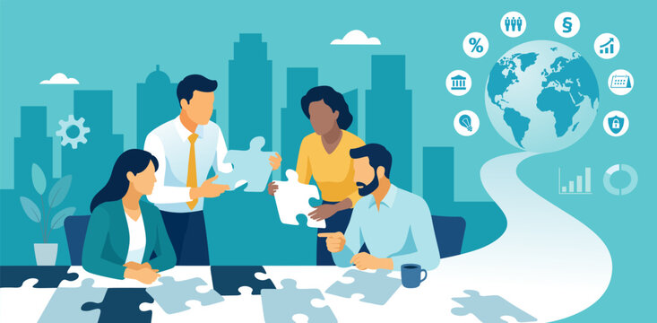 Teamwork. Build your way to international business. Solving a puzzle of a path leading to a globe symbolizing international success. Vector illustration. 