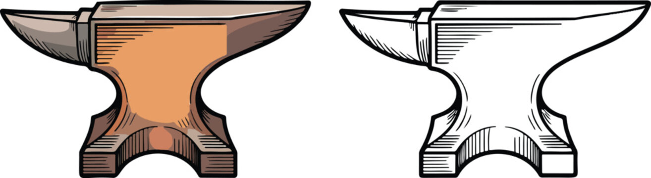 Blacksmith anvil illustration & outline set isolated on transparent background 
