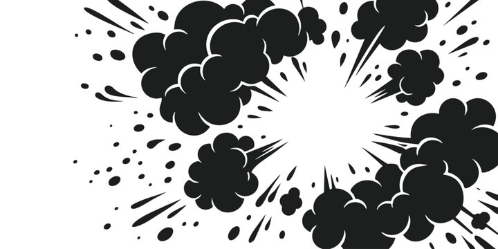 Black and white comic book style explosion cloud effect with action lines and comic speech bubble design elements