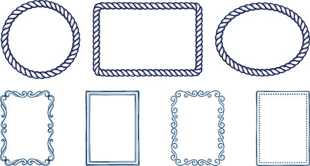 Variety of decorative frame designs including rope borders, scrollwork edges, dotted rectangles and ornate curls for graphic design projects © SAIFUL