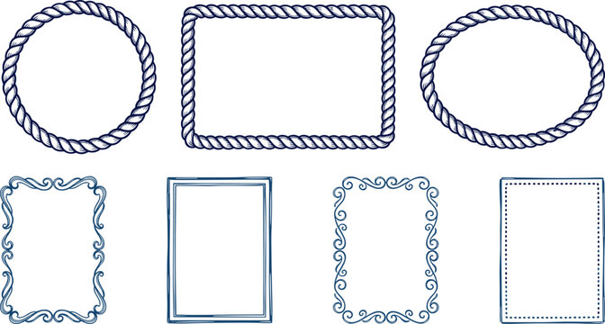 Variety of decorative frame designs including rope borders, scrollwork edges, dotted rectangles and ornate curls for graphic design projects