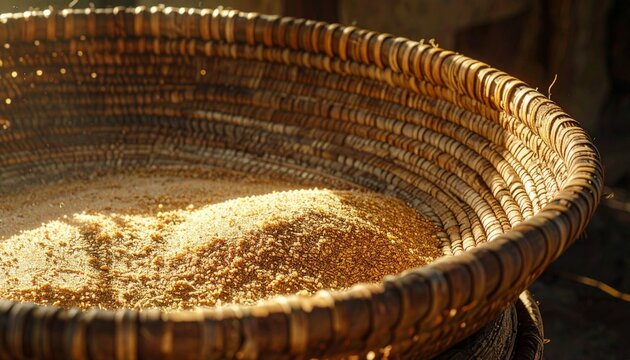Close-up of traditional woven basket with grain and chaff during winnowing
