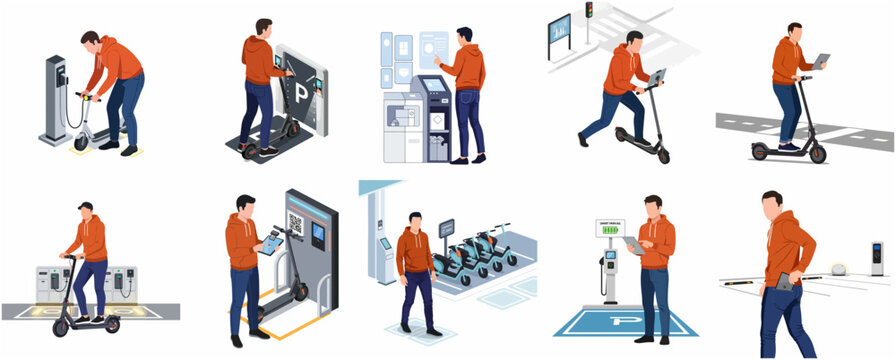 Set of icons featuring a man using electric scooter sharing system, smart parking services, and charging stations in a modern urban environment