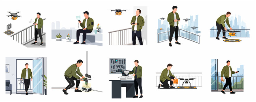 Flat vector illustration set of a man operating a delivery drone for package logistics and maintenance in an urban setting.