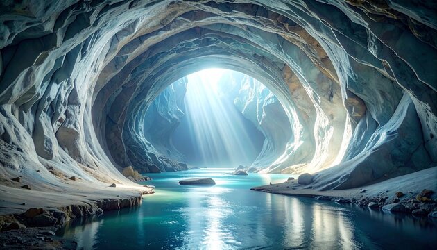 Blue-lit smooth-walled underground water-carved cave tunnel with circular cross-section