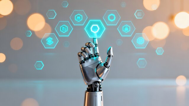Robot hand interacting with digital icons