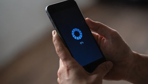 Hands holding a smartphone displaying a circular loading bar with 0% progress and a blue glowing ring, indicating a download or processing