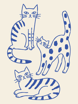 Three Cats in Different Poses Naive Blue Sketch Vector