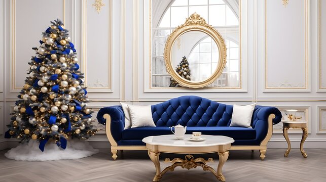 Luxury living room with blue couch and Christmas tree
